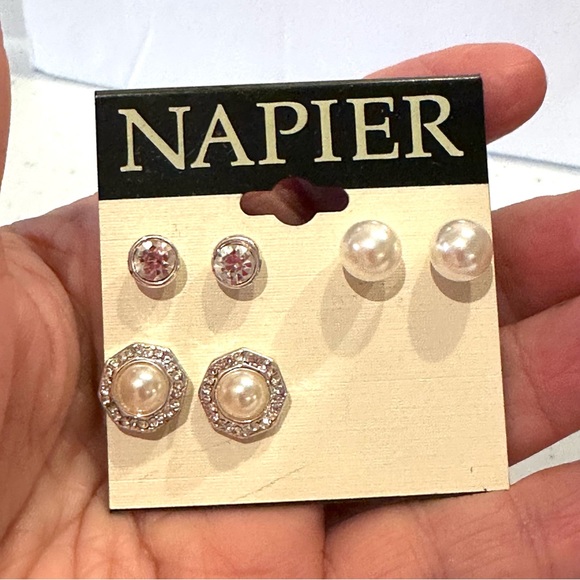 NWT Napier Earrings- set of 3 pairs- silver tone, clear rhinestones, faux pearls - Picture 6 of 8